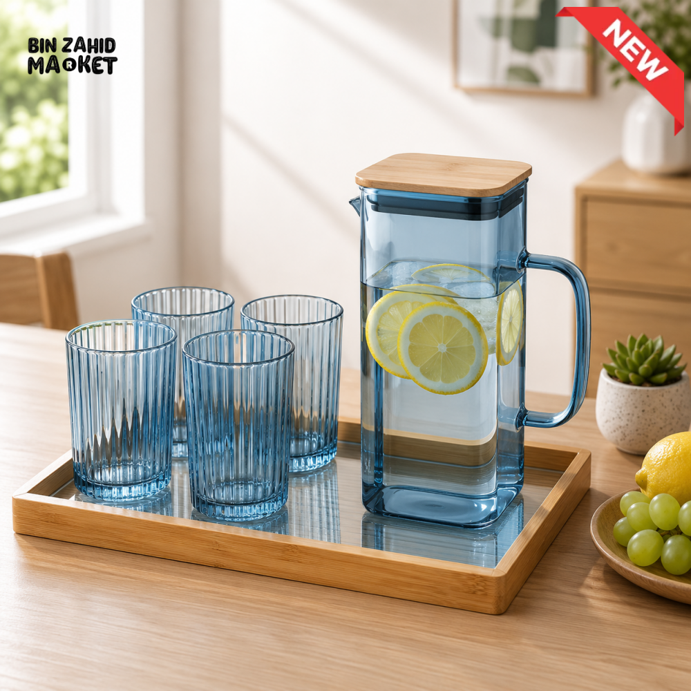 GLASS WATER PITCHER SET WITH 4 RIBBED GLASSES & BAMBOO TRAY - BLUE
