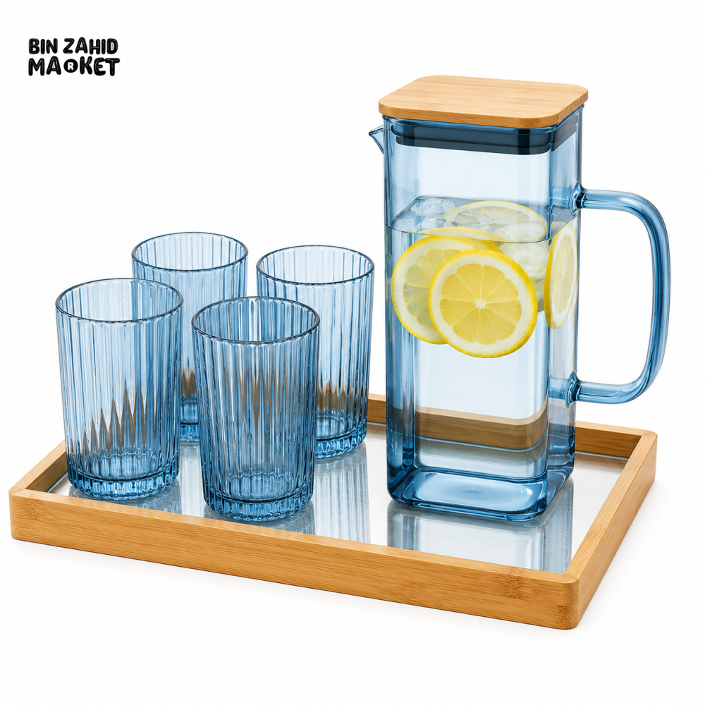 GLASS WATER PITCHER SET WITH 4 RIBBED GLASSES & BAMBOO TRAY - BLUE