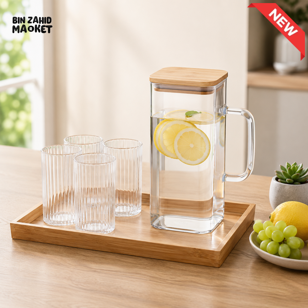 GLASS WATER PITCHER SET WITH 4 RIBBED GLASSES & BAMBOO TRAY - WHITE