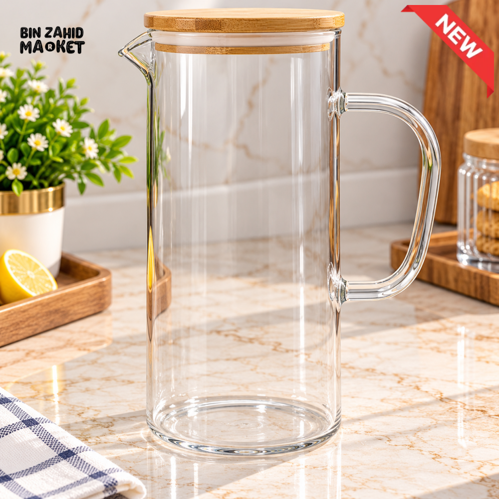 GLASS WATER PITCHER WITH BAMBOO LID AND HANDLE - Jugs & Pitchers