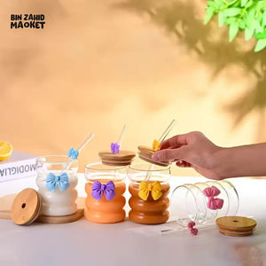 GLASSLUX BAMBOO LID BOW GLASS STRAW CUP 350ML - RXG-038