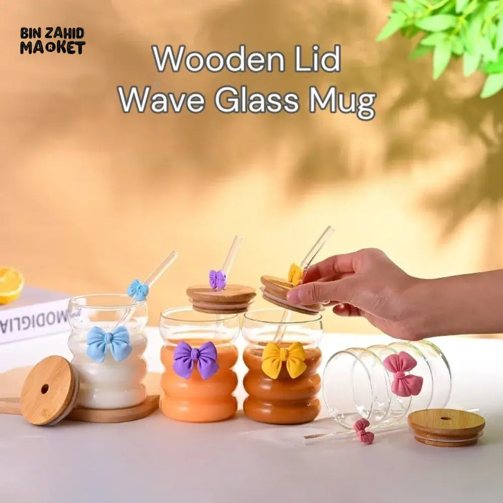 Creative Wooden Lid Glass Cup with Straw Bowtie Decor Wave Style Mug Microwave Safe Transparent Glass Drinkware for Women Girls