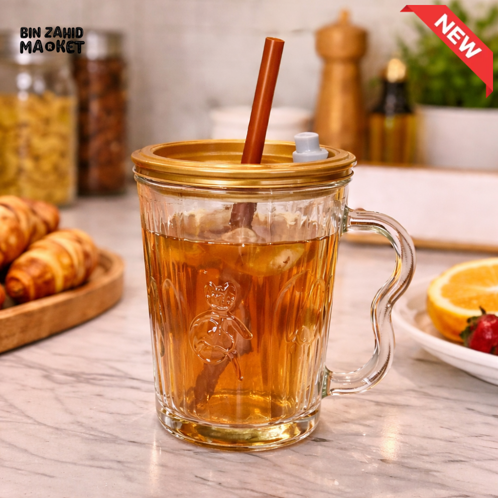 GLASSIUM BEAR EMBOSSED GLASS MUG WITH STRAW & LID