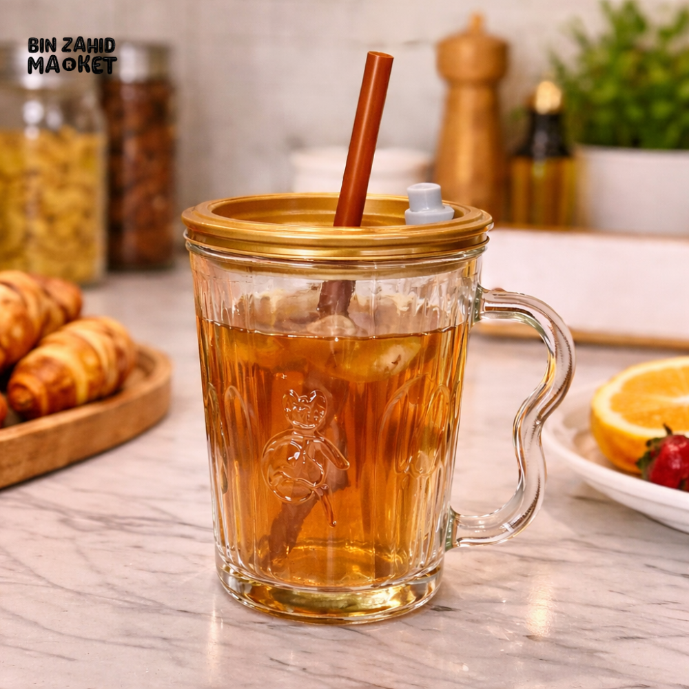 GLASSIUM BEAR EMBOSSED GLASS MUG WITH STRAW & LID