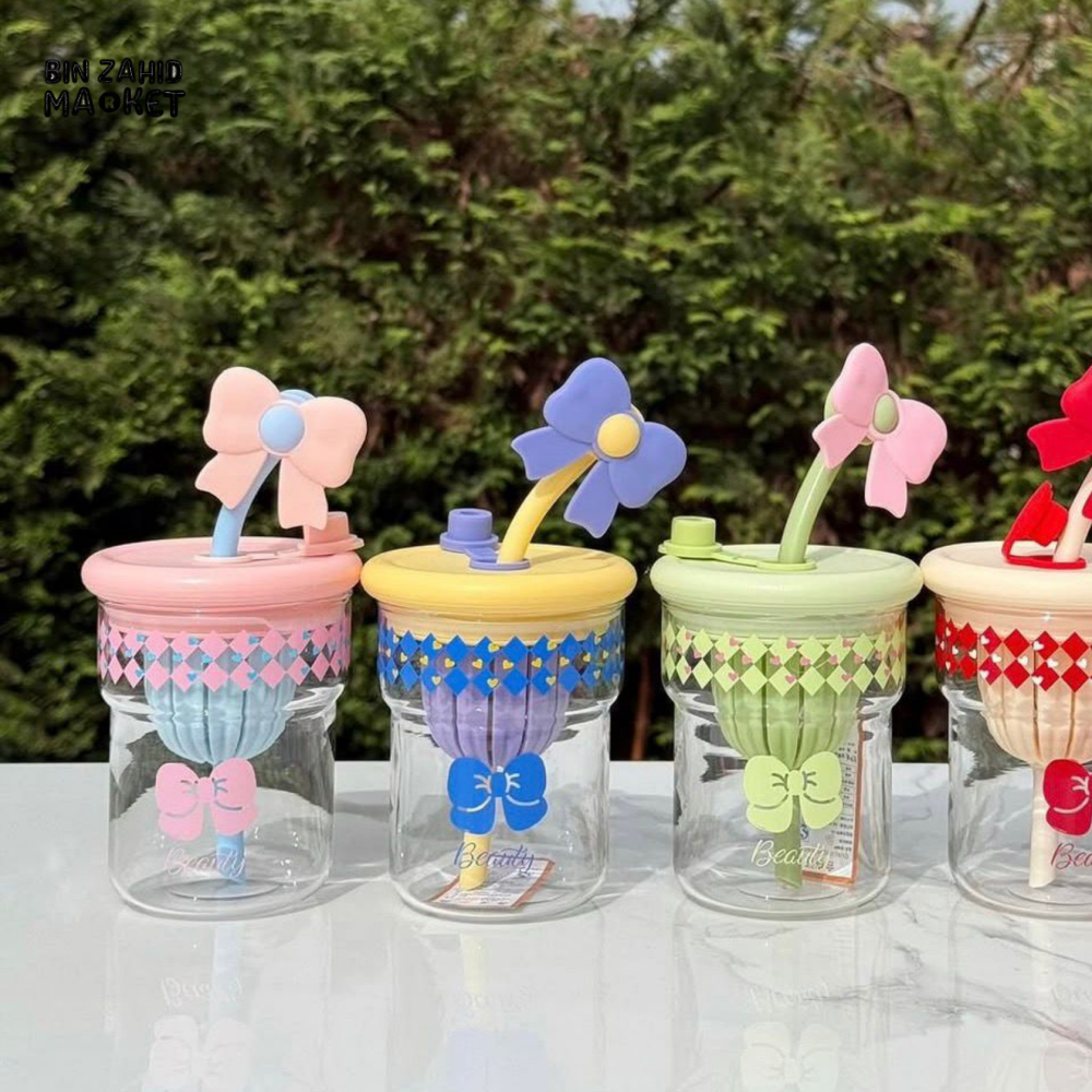 GLASSIUM BOW DESIGN DOUBLE WALL GLASS TUMBLER WITH STRAW