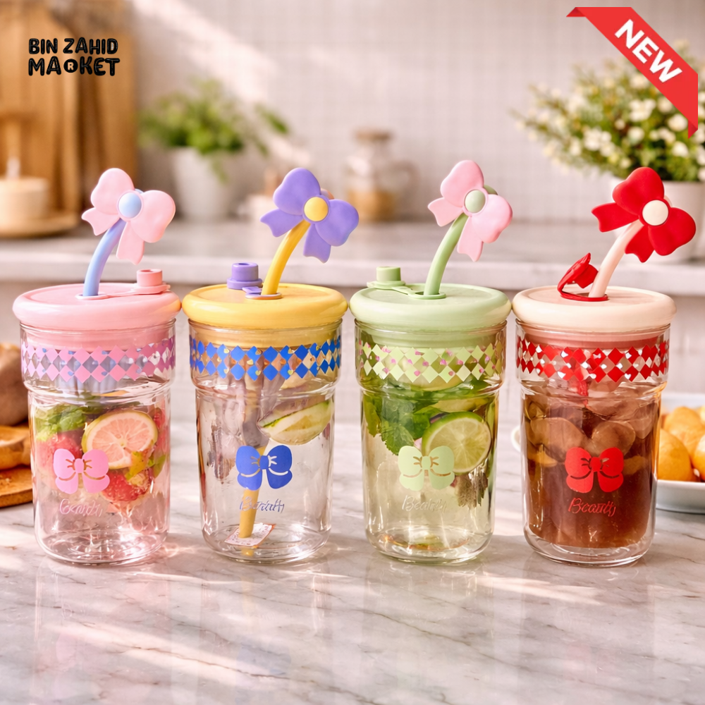 GLASSIUM BOW DESIGN DOUBLE WALL GLASS TUMBLER WITH STRAW