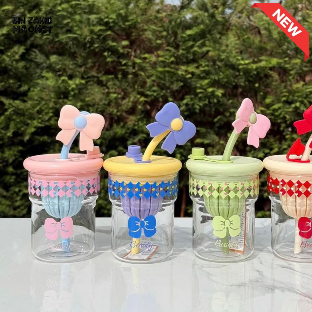 GLASSIUM BOW DESIGN DOUBLE WALL GLASS TUMBLER WITH STRAW