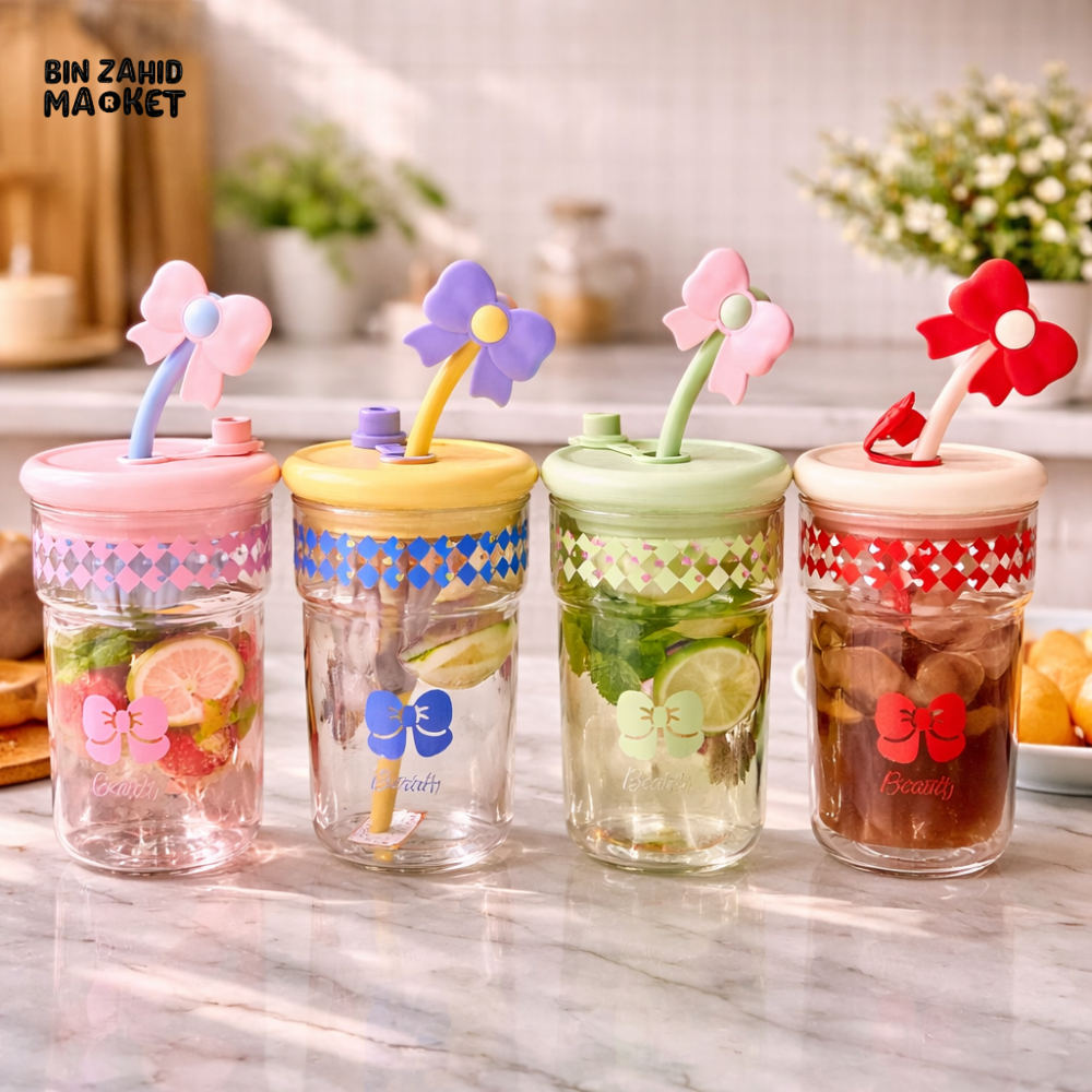 GLASSIUM BOW DESIGN DOUBLE WALL GLASS TUMBLER WITH STRAW