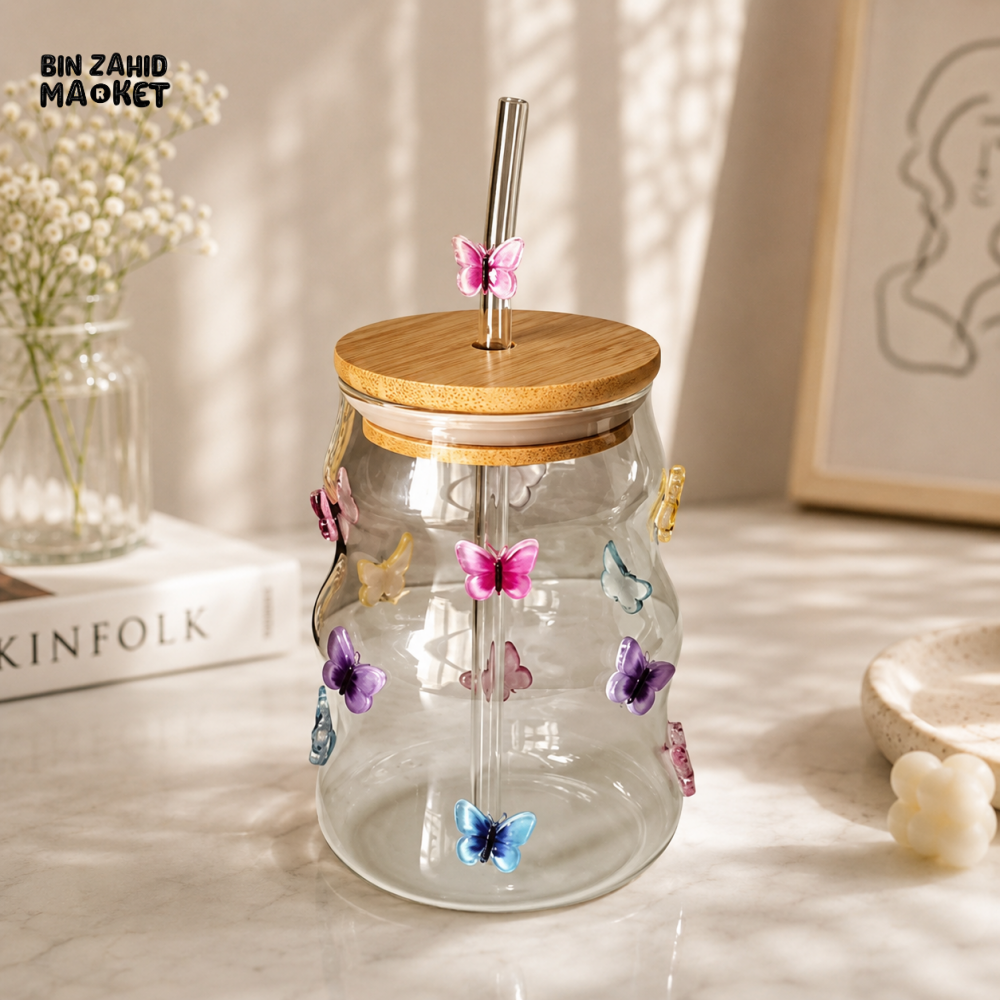 GLASSIUM BUTTERFLY GLASS STRAW MUG WITH STRAW 450ML