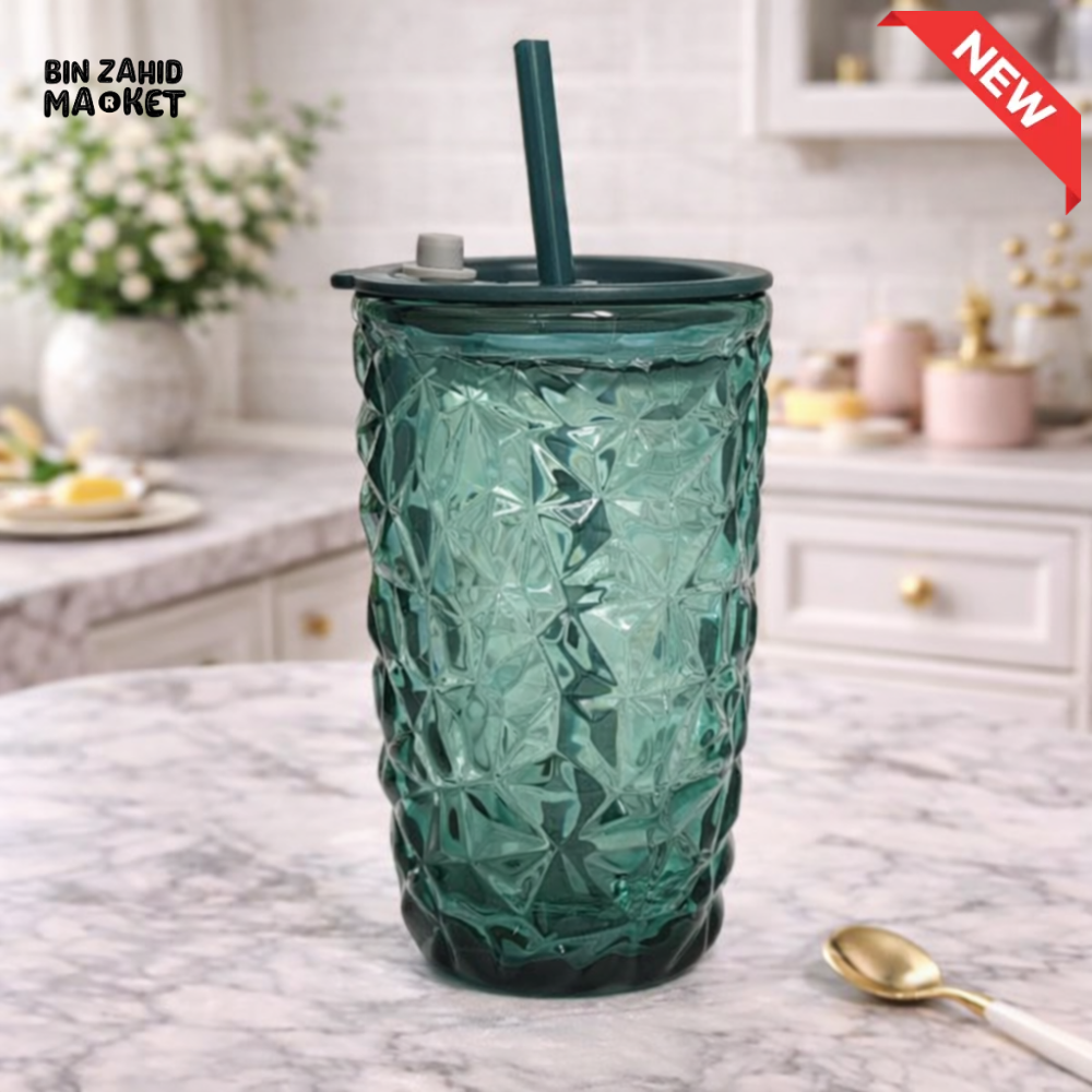 GLASSIUM CRYSTAL TEXTURED GLASS TUMBLER WITH STRAW