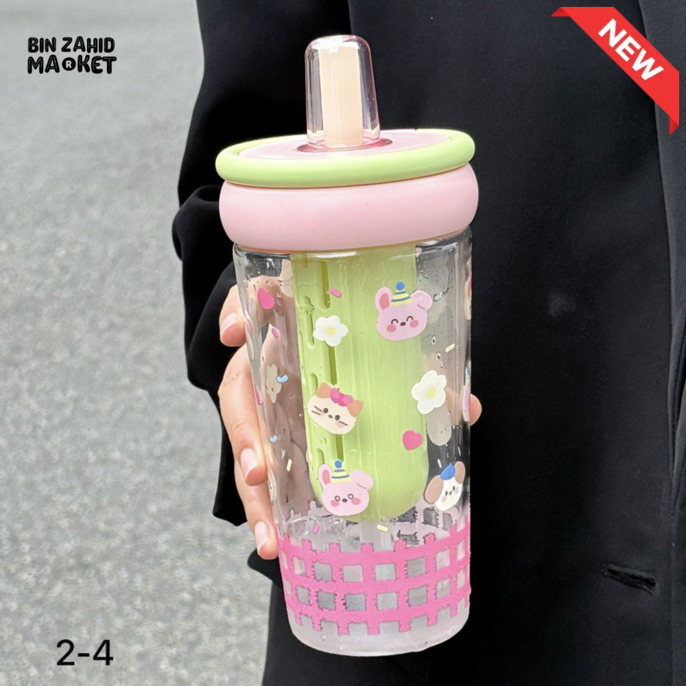 GLASSIUM CUTE CARTOON DOUBLE WALL GLASS TUMBLER WITH STRAW