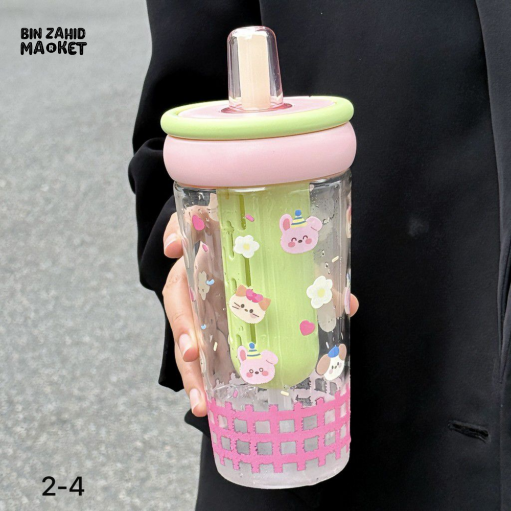 GLASSIUM CUTE CARTOON DOUBLE WALL GLASS TUMBLER WITH STRAW