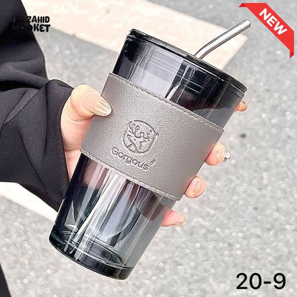 GLASSIUM DOUBLE WALL GLASS TUMBLER WITH LEATHER SLEEVE & STRAW