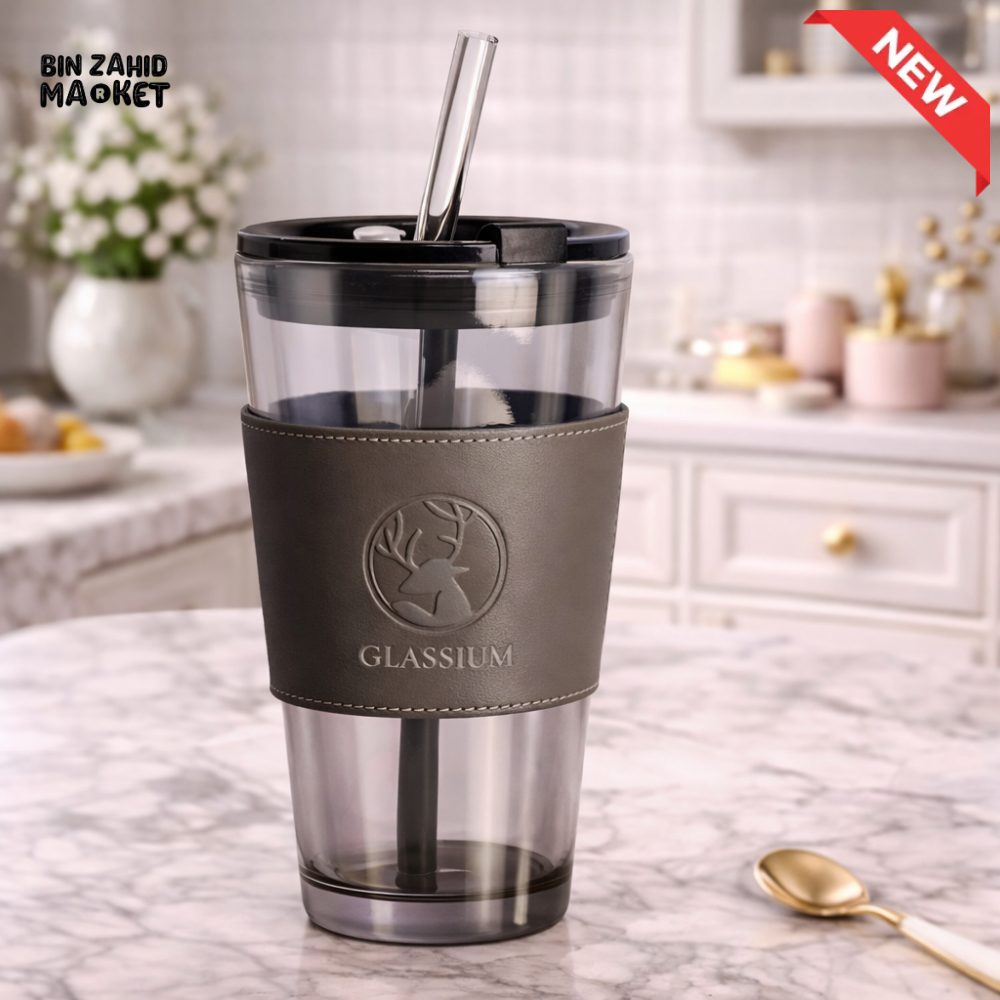 GLASSIUM DOUBLE WALL GLASS TUMBLER WITH LEATHER SLEEVE & STRAW
