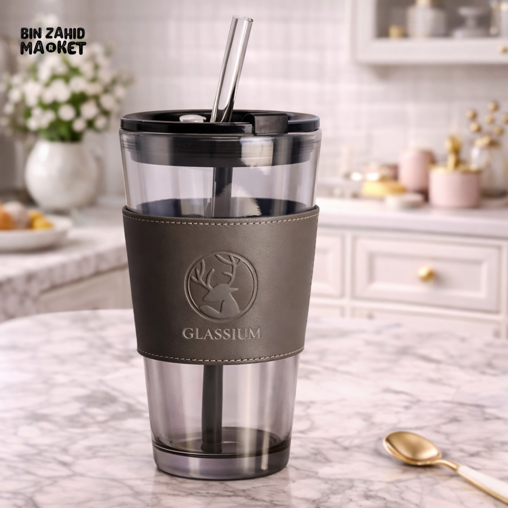 GLASSIUM DOUBLE WALL GLASS TUMBLER WITH LEATHER SLEEVE & STRAW