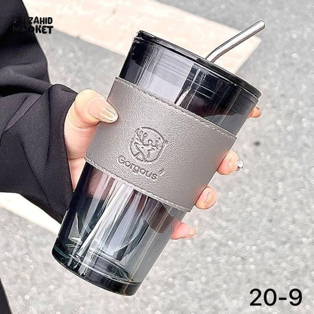 GLASSIUM DOUBLE WALL GLASS TUMBLER WITH LEATHER SLEEVE & STRAW