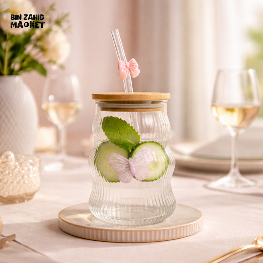 GLASSIUM DRINKING JAR WITH BAMBOO LID & STRAW - PETAL BUTTERFLY