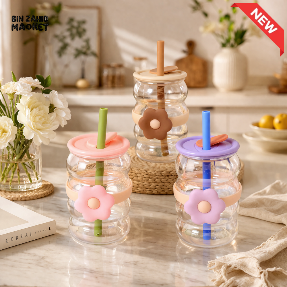 GLASSIUM FLOWER DESIGN DOUBLE WALL GLASS TUMBLER WITH STRAW