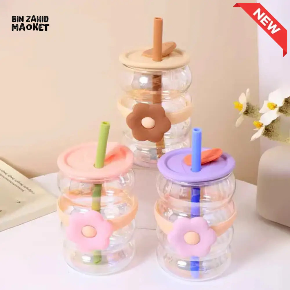 GLASSIUM FLOWER DESIGN DOUBLE WALL GLASS TUMBLER WITH STRAW