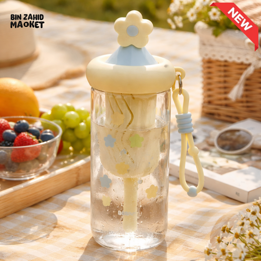 GLASSIUM FLOWER LID DOUBLE WALL GLASS TUMBLER WITH STRAW & HANDLE