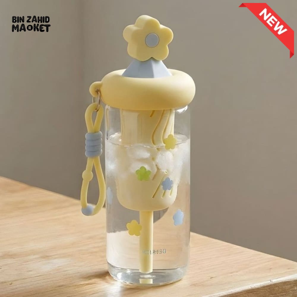 GLASSIUM FLOWER LID DOUBLE WALL GLASS TUMBLER WITH STRAW & HANDLE