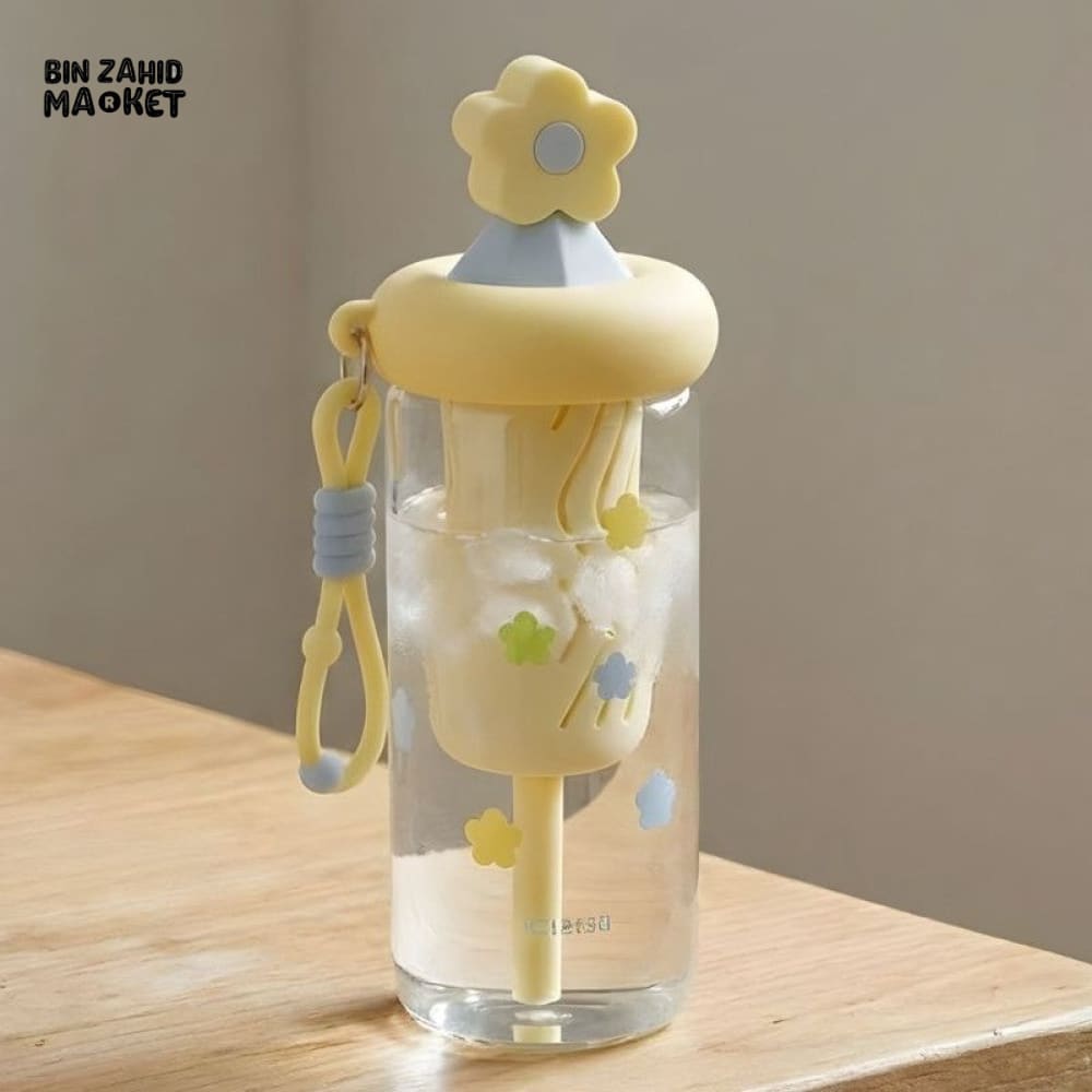 GLASSIUM FLOWER LID DOUBLE WALL GLASS TUMBLER WITH STRAW & HANDLE