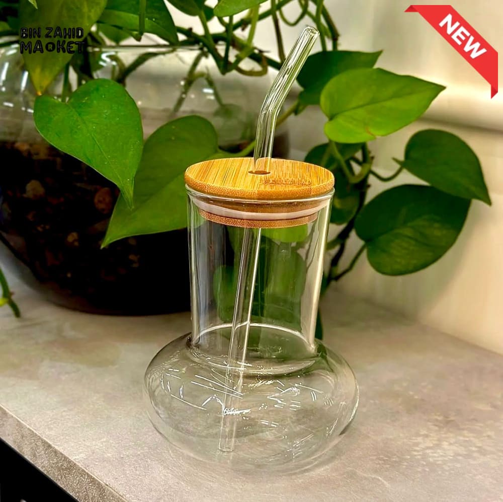 GLASSIUM GLASS JUICE CUP WITH BAMBOO LID & STRAW - BUBBLE BASE