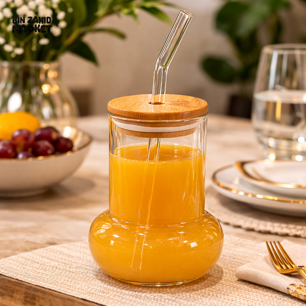 GLASSIUM GLASS JUICE CUP WITH BAMBOO LID & STRAW - BUBBLE BASE