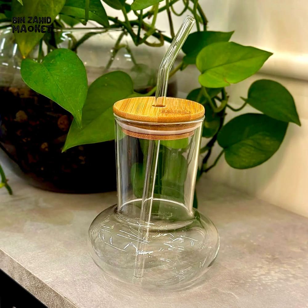 GLASSIUM GLASS JUICE CUP WITH BAMBOO LID & STRAW - BUBBLE BASE