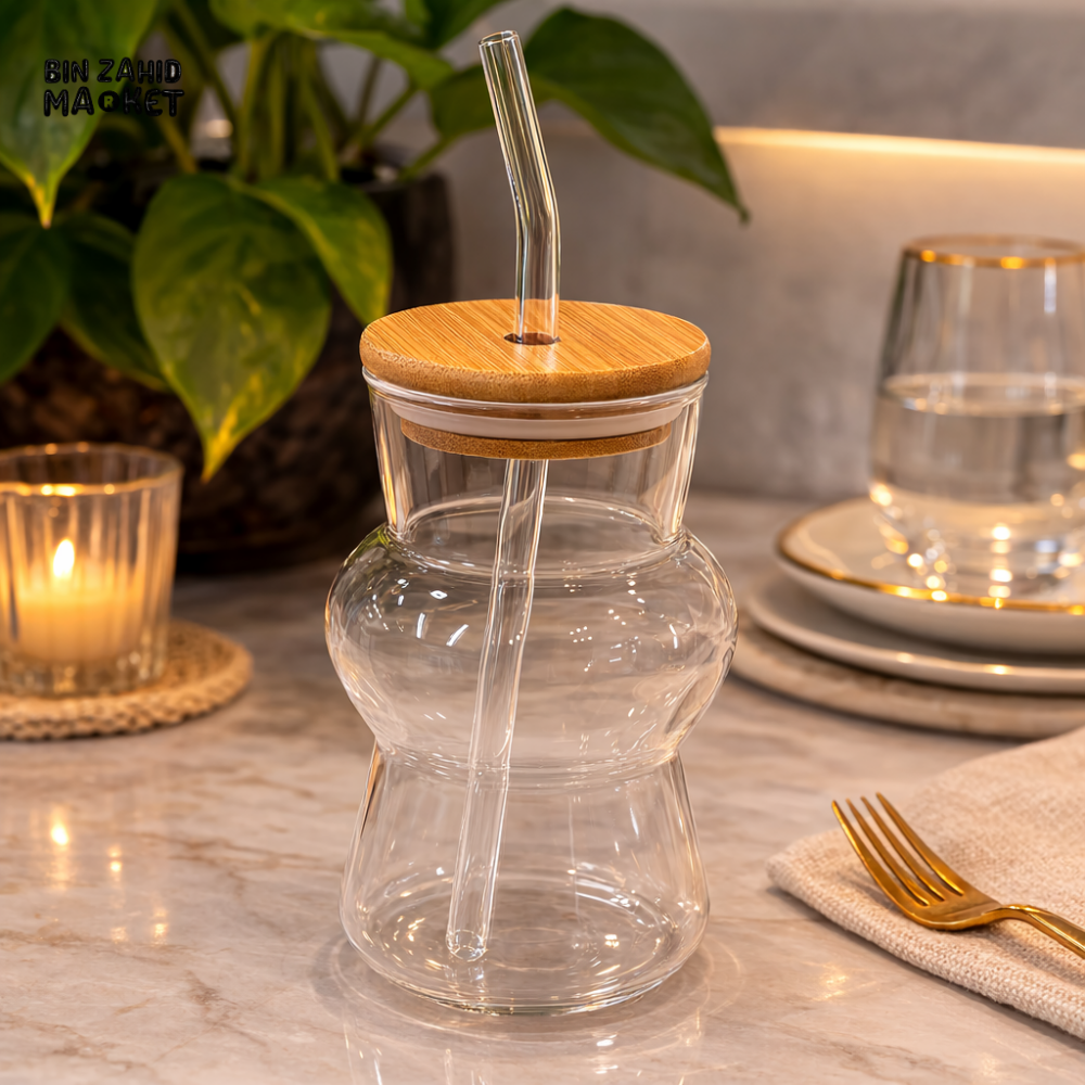 GLASSIUM GLASS JUICE CUP WITH BAMBOO LID & STRAW - DOUBLE BUBBLE