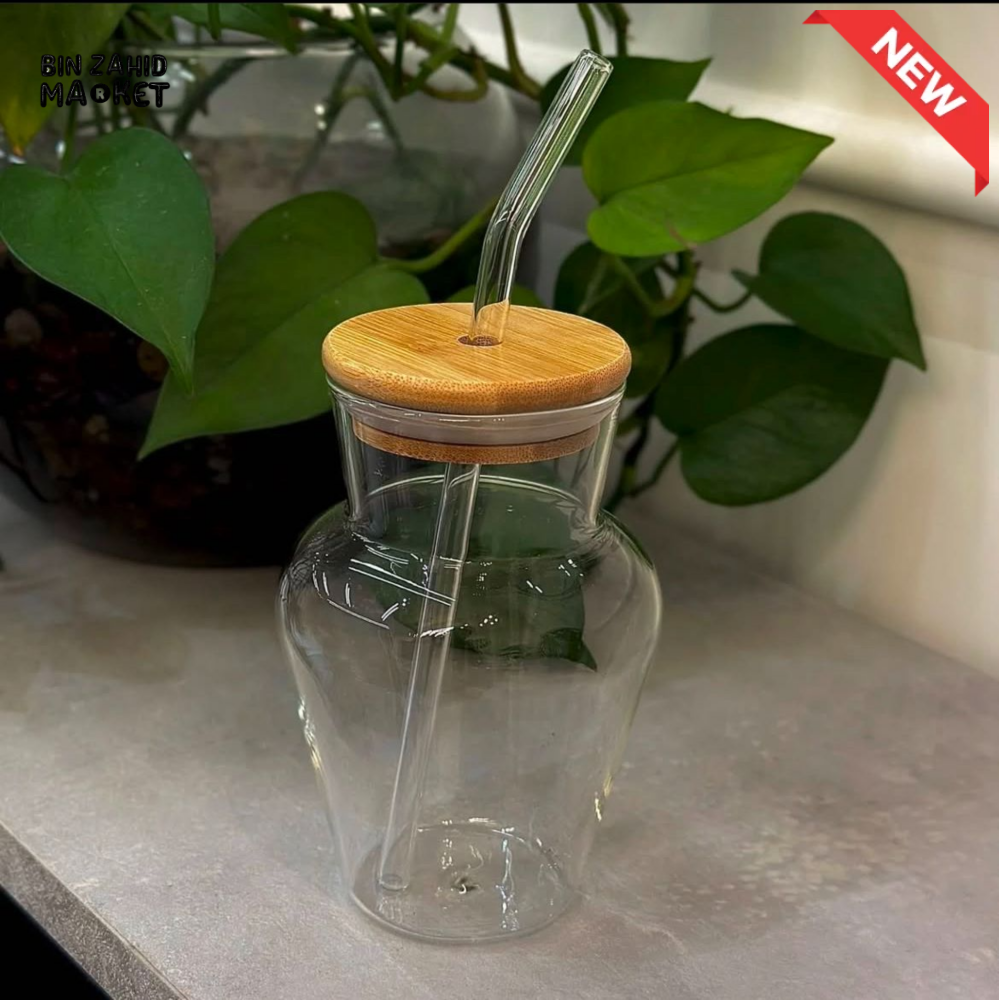 GLASSIUM GLASS JUICE CUP WITH BAMBOO LID & STRAW - GOURD GLASS
