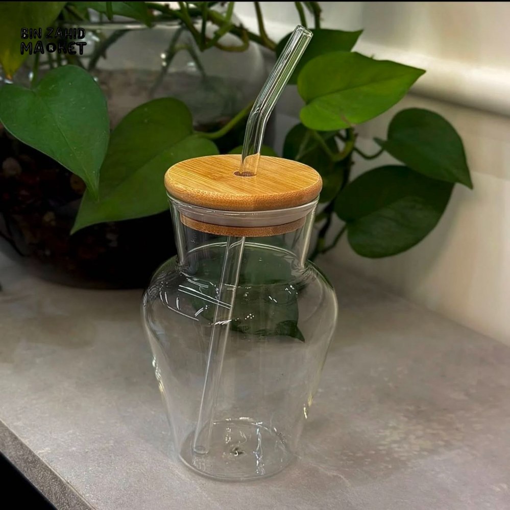 GLASSIUM GLASS JUICE CUP WITH BAMBOO LID & STRAW - GOURD GLASS