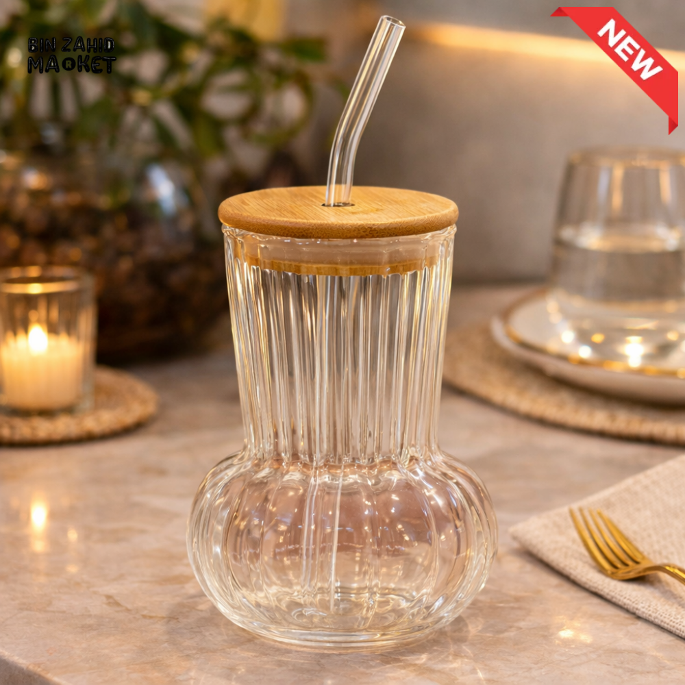 GLASSIUM GLASS JUICE CUP WITH BAMBOO LID & STRAW - RIBBED BUBBLE