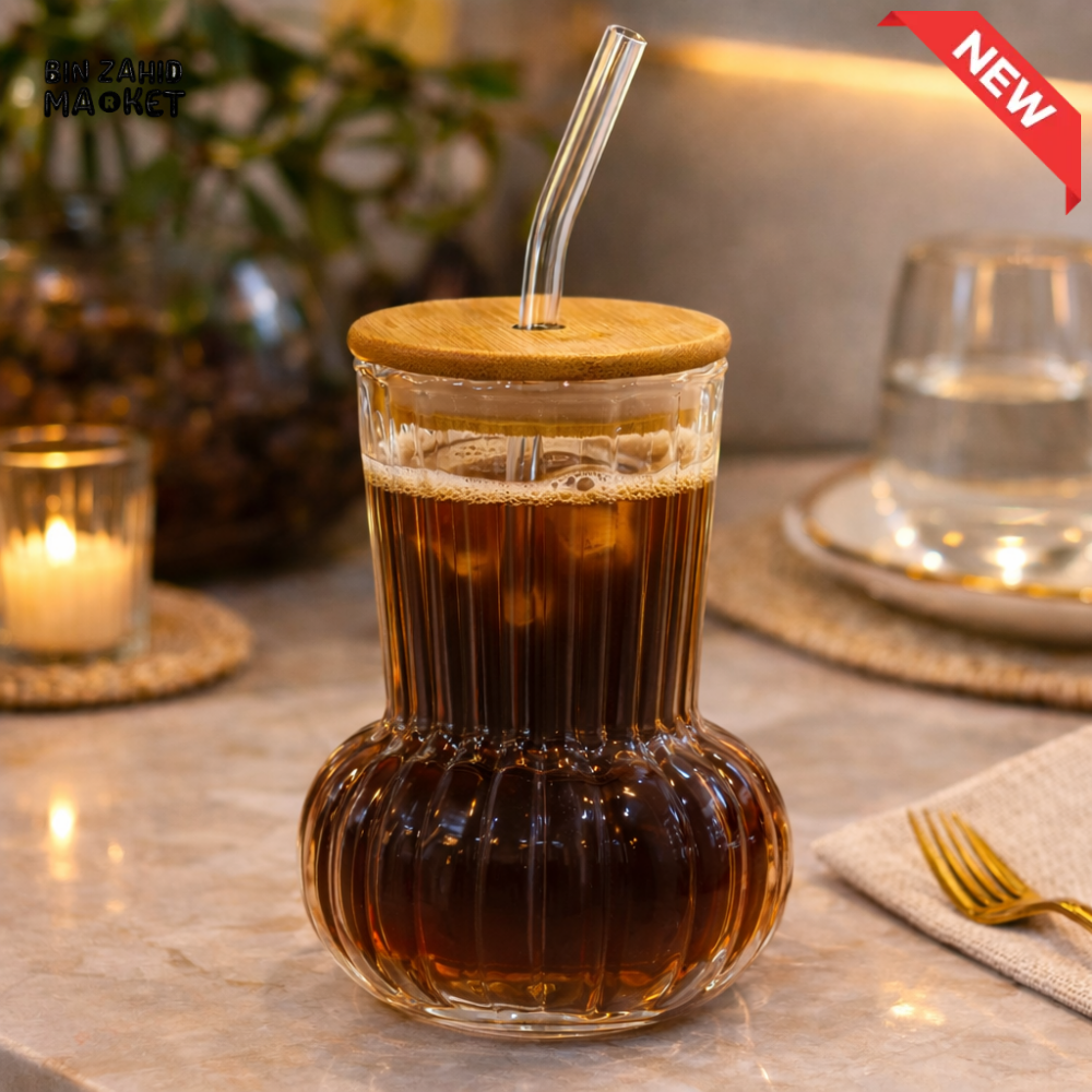 GLASSIUM GLASS JUICE CUP WITH BAMBOO LID & STRAW - RIBBED BUBBLE