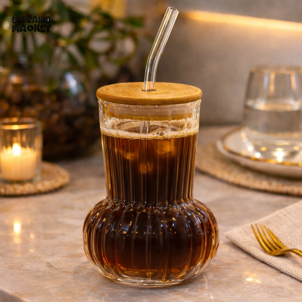 GLASSIUM GLASS JUICE CUP WITH BAMBOO LID & STRAW - RIBBED BUBBLE