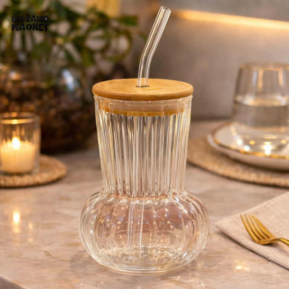 GLASSIUM GLASS JUICE CUP WITH BAMBOO LID & STRAW - RIBBED BUBBLE
