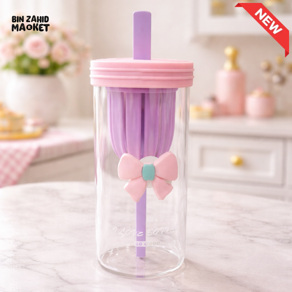 GLASSIUM PASTEL BOW DOUBLE WALL GLASS TUMBLER WITH STRAW