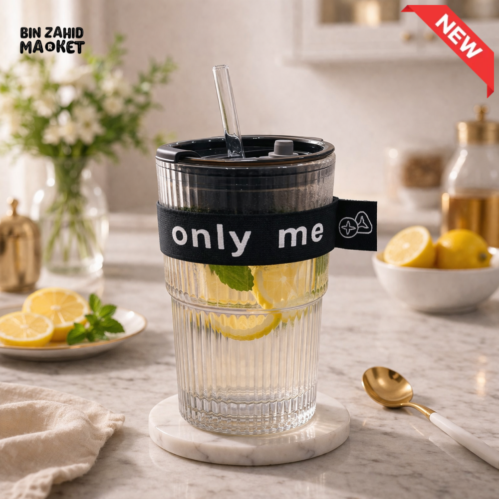 GLASSIUM RIBBED DOUBLE WALL GLASS TUMBLER WITH STRAW & SLEEVE