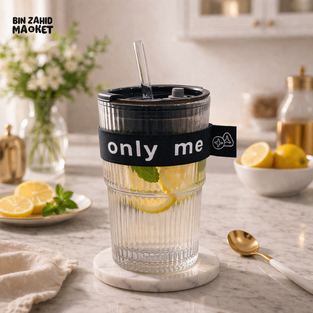 GLASSIUM RIBBED DOUBLE WALL GLASS TUMBLER WITH STRAW & SLEEVE