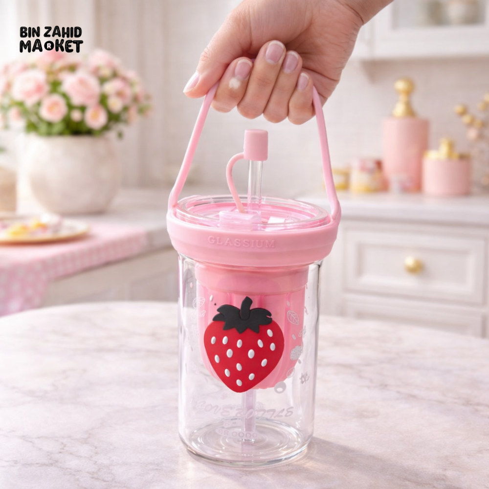 GLASSIUM STRAWBERRY DOUBLE WALL GLASS TUMBLER WITH HANDLE