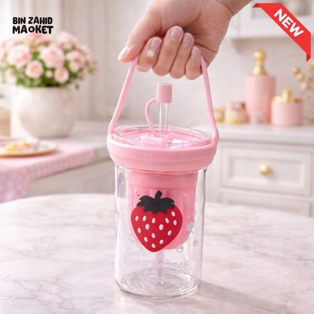 GLASSIUM STRAWBERRY DOUBLE WALL GLASS TUMBLER WITH HANDLE