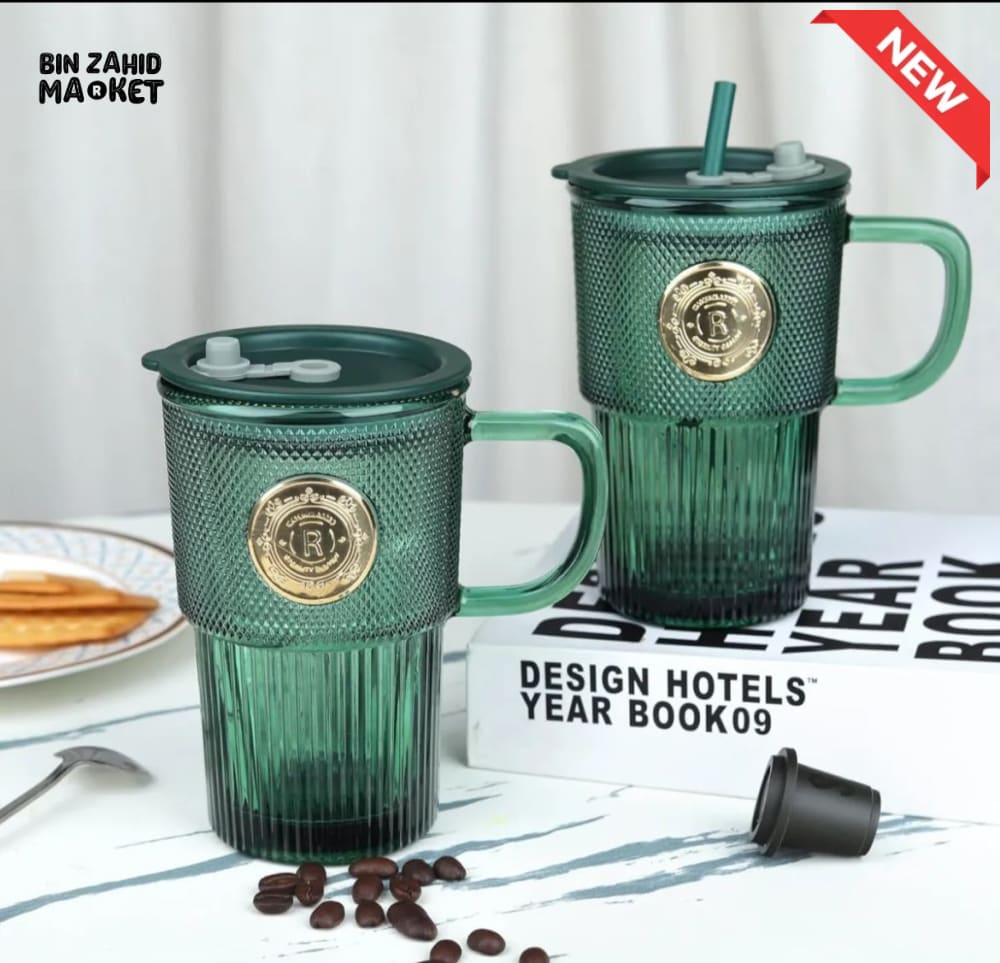 GLASSIUM TEXTURED GLASS MUG WITH STRAW & LID