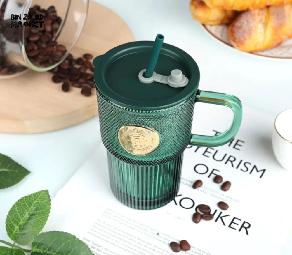 GLASSIUM TEXTURED GLASS MUG WITH STRAW & LID