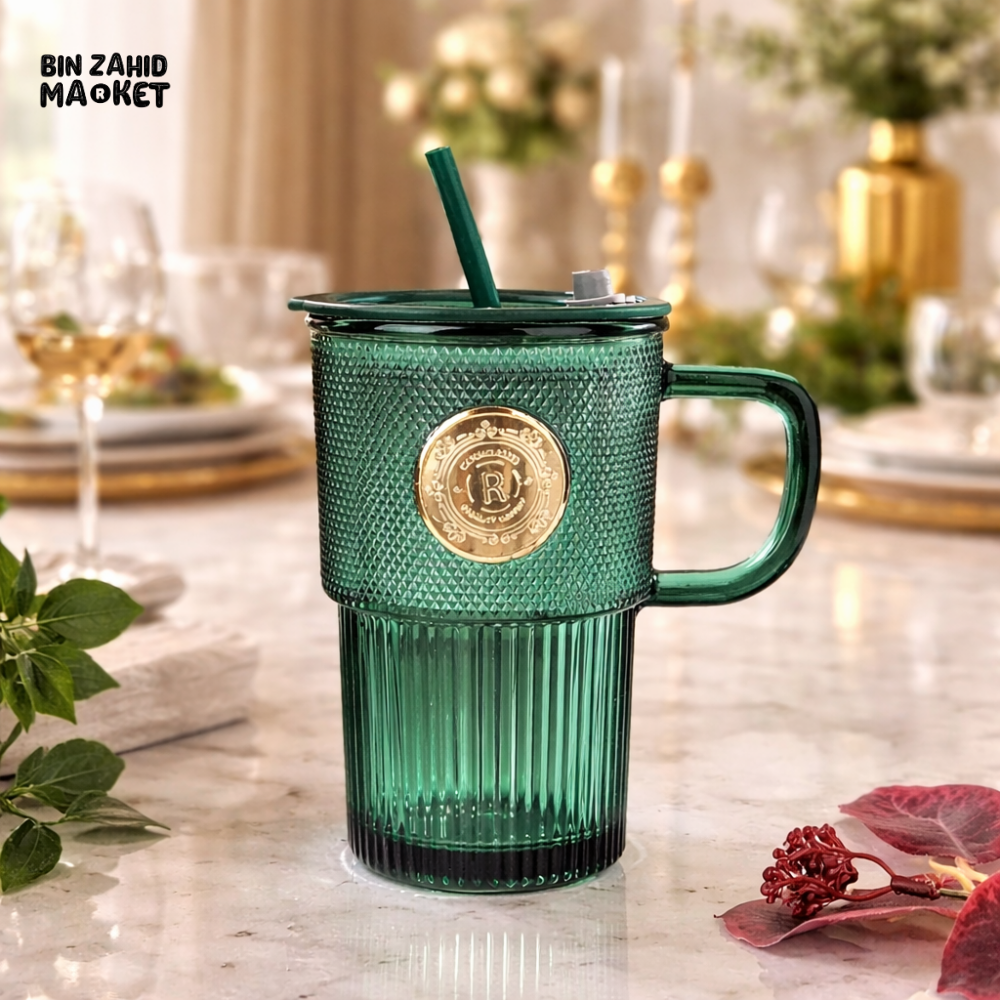 GLASSIUM TEXTURED GLASS MUG WITH STRAW & LID