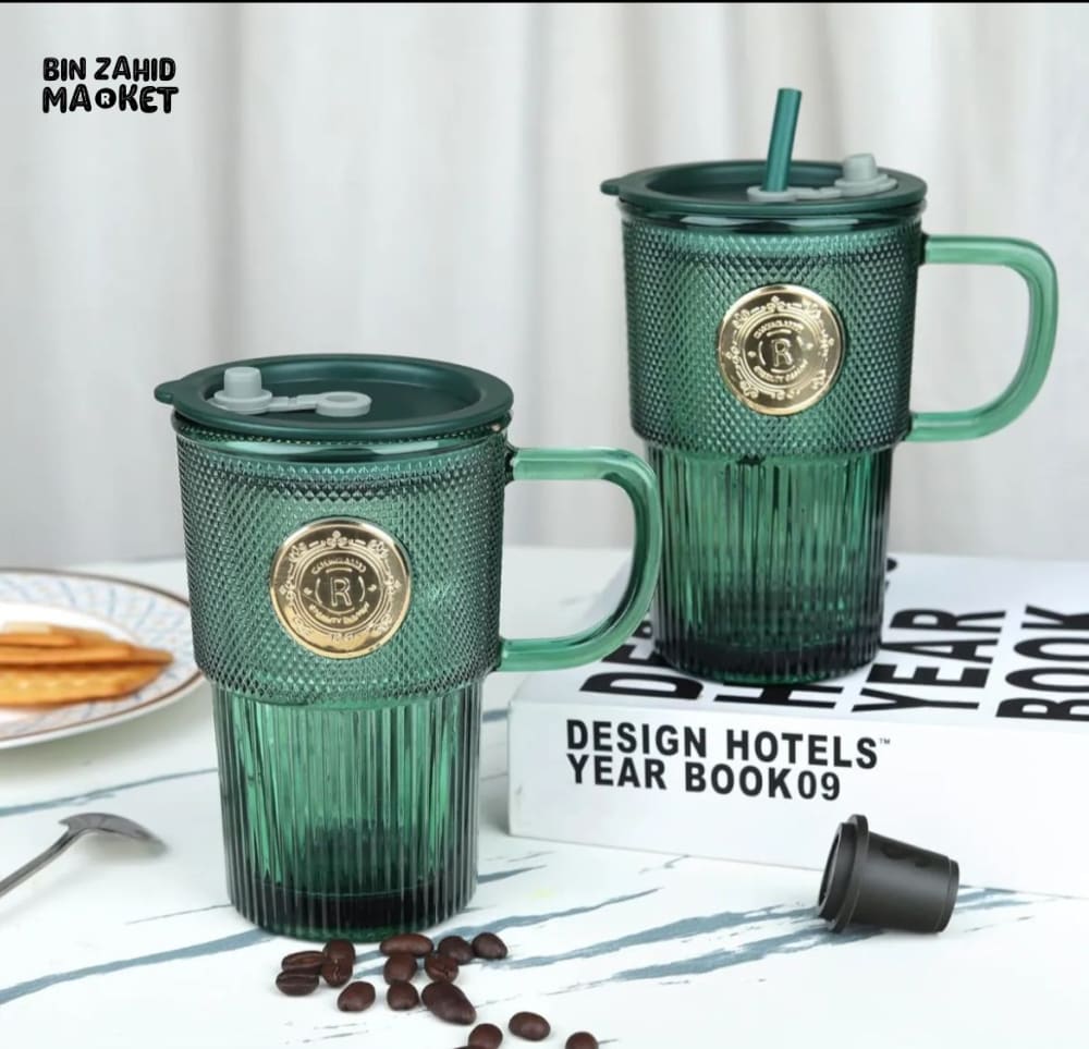 GLASSIUM TEXTURED GLASS MUG WITH STRAW & LID