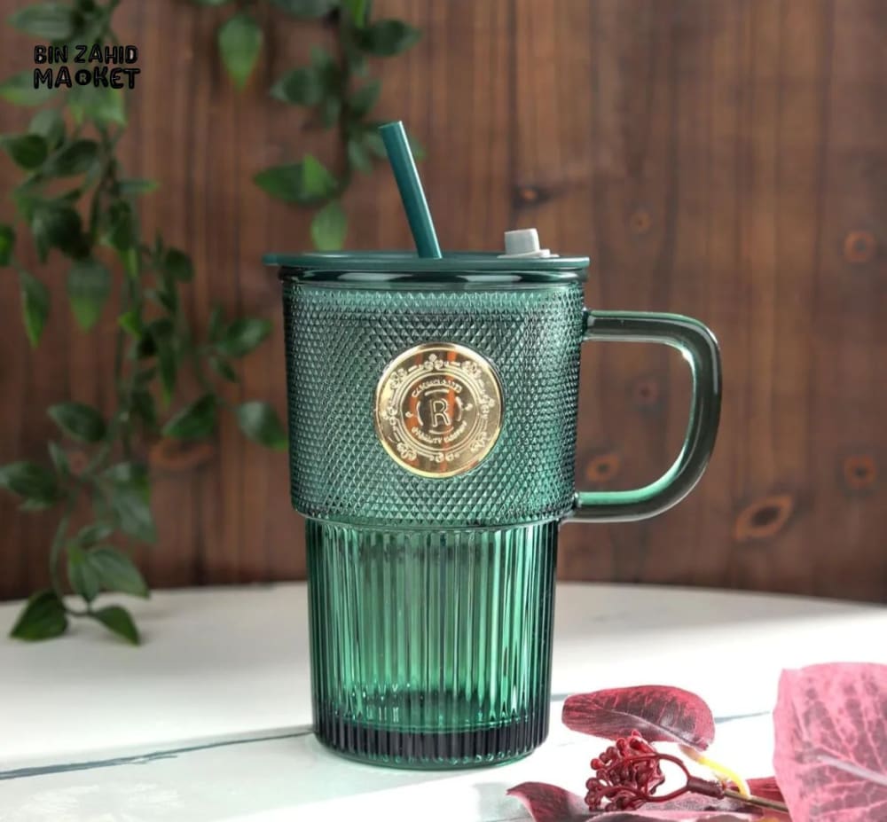 GLASSIUM TEXTURED GLASS MUG WITH STRAW & LID