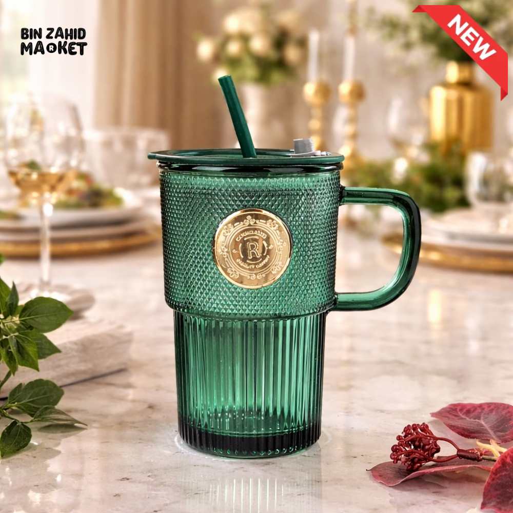 GLASSIUM TEXTURED GLASS MUG WITH STRAW & LID