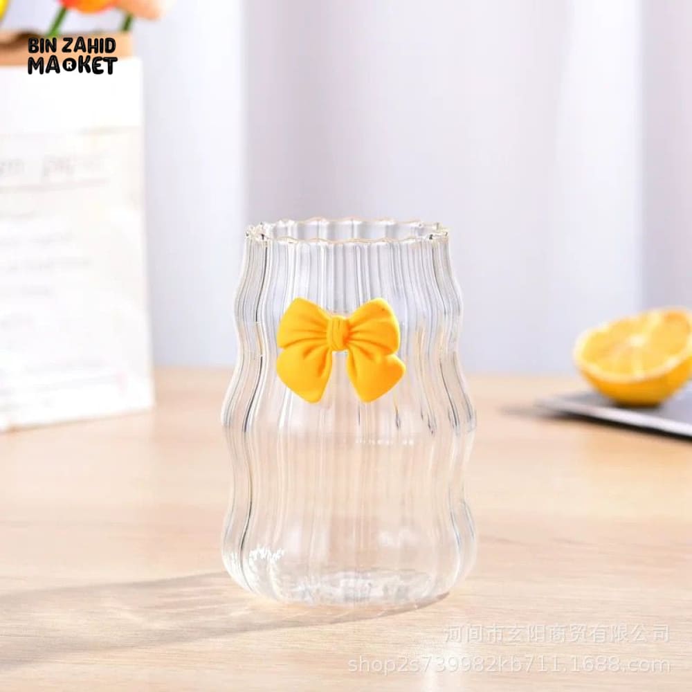 GLASSLUX AESTHETIC CLEAR GLASS CUP WITH BOW – ELEGANT DRINKWARE FOR HOME & CAFE USE