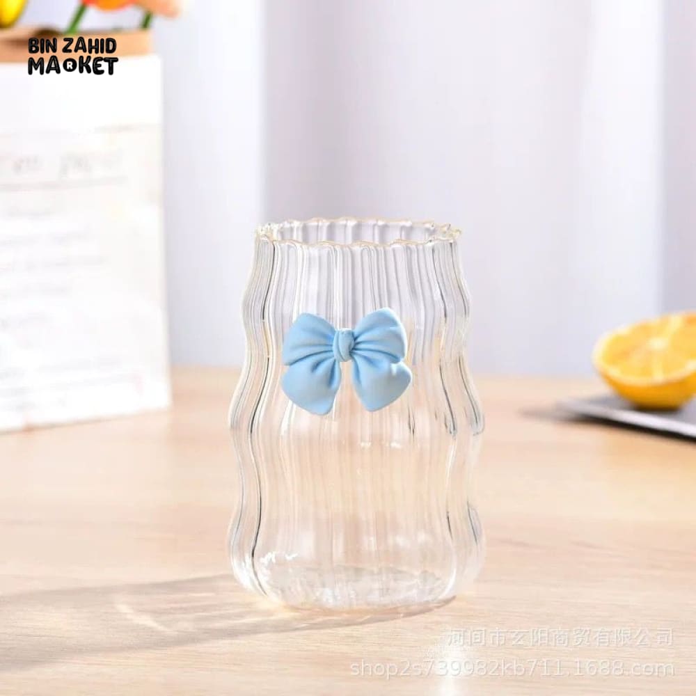 GLASSLUX AESTHETIC CLEAR GLASS CUP WITH BOW – ELEGANT DRINKWARE FOR HOME & CAFE USE