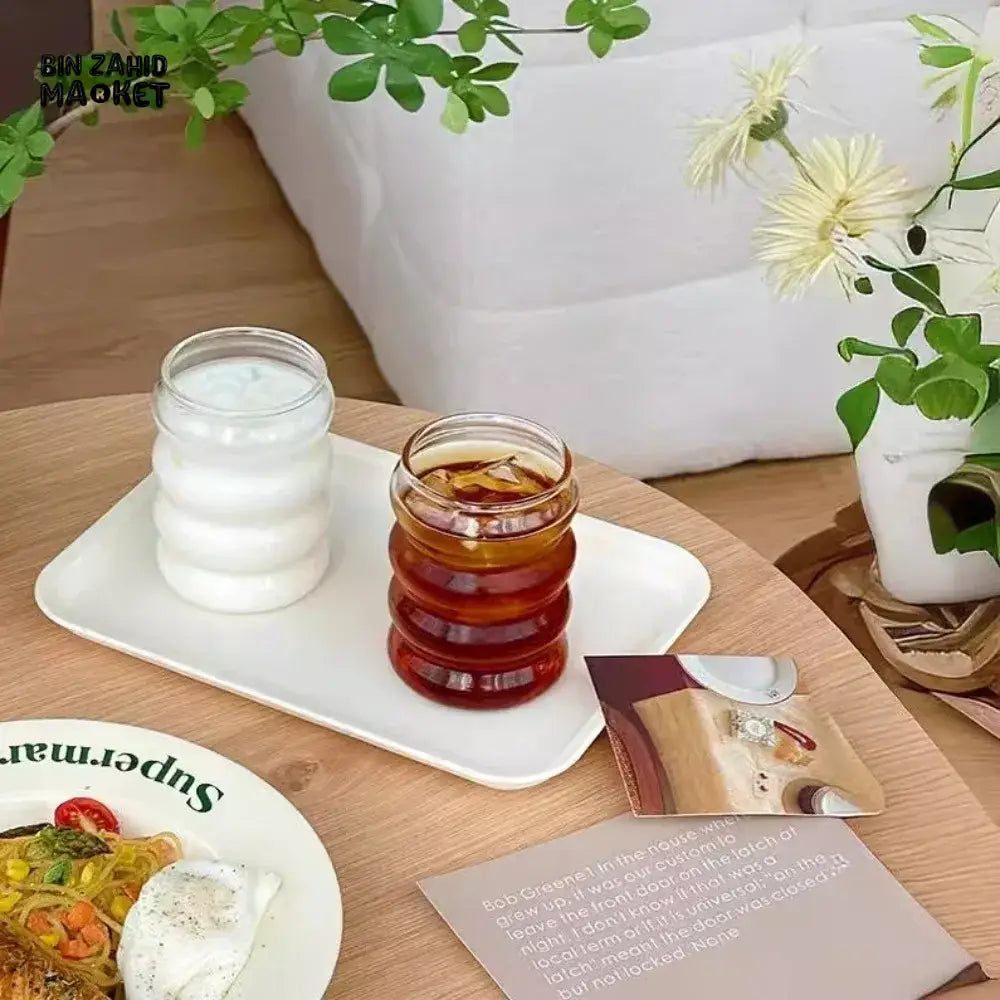 Creative Wooden Lid Glass Cup with Straw Bowtie Decor Wave Style Mug Microwave Safe Transparent Glass Drinkware for Women Girls